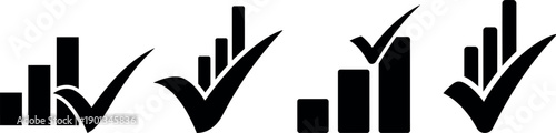 Bar chart icon set with checkmark for data analysis success vector isolated on transparent background
