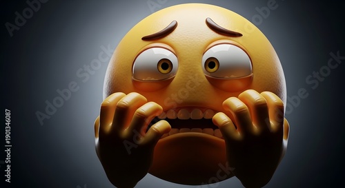 3D emoji character nervously biting nails, eyes glancing sideways in fear, darker background gradient
