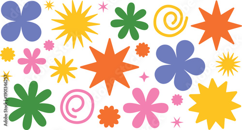 Colorful abstract flower and star shape illustration set. Playful flat doodle elements in bright colors. Fun decorative vector collection for backgrounds, posters and creative designs.