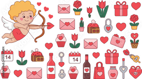 Valentine’s Day illustration icon set with cute cupid and love symbols. Hearts, gifts, flowers and envelopes in flat cartoon style for romantic designs.