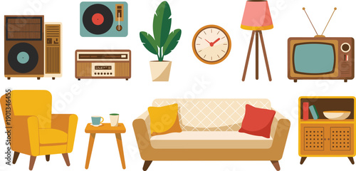 Retro living room furniture illustration set. Vintage sofa, armchair, TV, radio and decor items in cozy flat cartoon style. Perfect for interior, home and lifestyle designs.