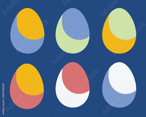 Set of modern vector Easter eggs in flat minimalist style. Colorful abstract egg shapes with layered forms on dark blue background. Perfect for Easter cards, holiday posters, social media, packaging, 