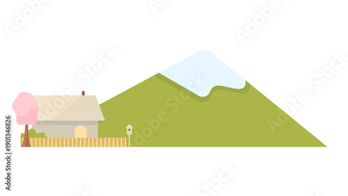 Minimalist spring mountain landscape with cozy house and birdhouse flat vector design collection illustration