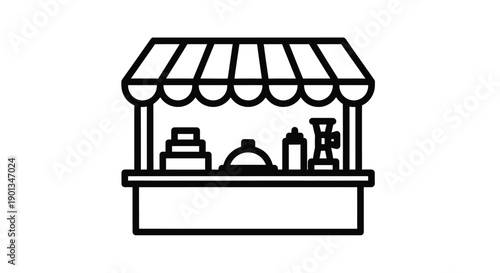 Simple black outline icon representing a vendor food stall or market booth displaying various goods under a striped awning structure