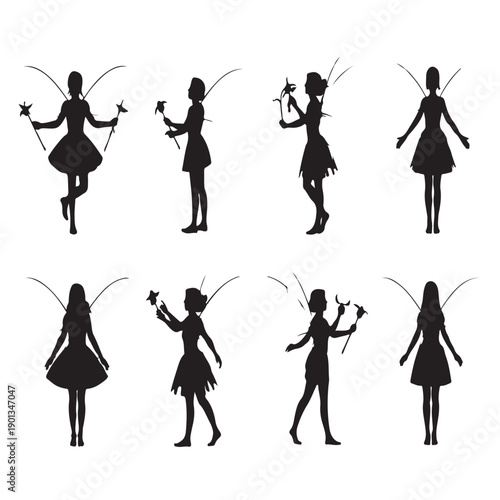 Eight different black silhouette poses of fairy characters with wings and magic wands suitable for fantasy illustration projects