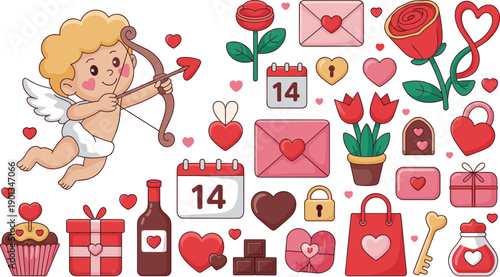 Valentine’s Day love illustration set with cupid angel and romantic icons. Hearts, roses, gifts .love cards, celebrations and romantic designs.