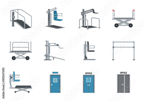 Collection of accessibility aids exercise machines and office doors