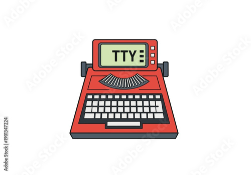 Red illustrated device resembling a typewriter with TTY on its screen
