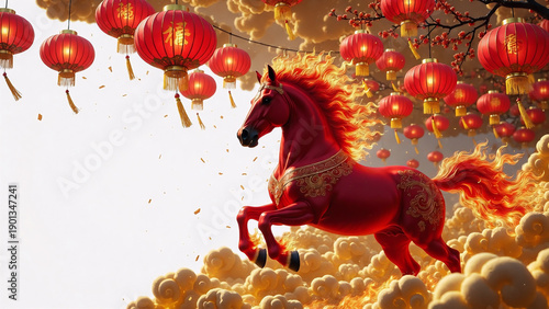 Majestic red horse leaping through clouds with vibrant lanterns with White background