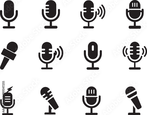   Microphone vector icon set on white background, ideal for audio, music, podcast, and recording design.
