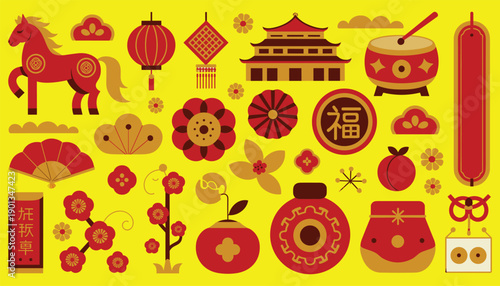 Chinese New Year decorative vector set. Lanterns, pagoda, drum, zodiac horse and lucky symbols. Bright traditional lunar festival icons.