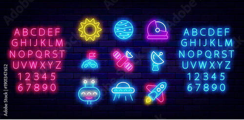 Astronomy neon symbols collection. Observatory and alien. Sun and planet. Shiny pink and blue alphabet. Cosmic icons. Universe. Bright flyer. Editable stroke. Vector stock illustration