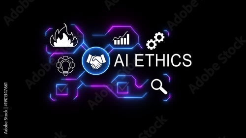 Man in suit touching ai ethics interface with scales lightbulb and magnifying glass icons displayed 4K VIDEO...