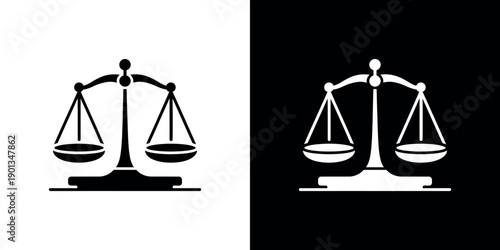 Black and white scales of justice symbol on contrasting backgrounds balance