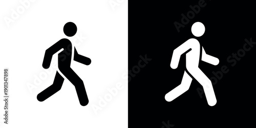 Black and white running person symbols on contrasting backgrounds