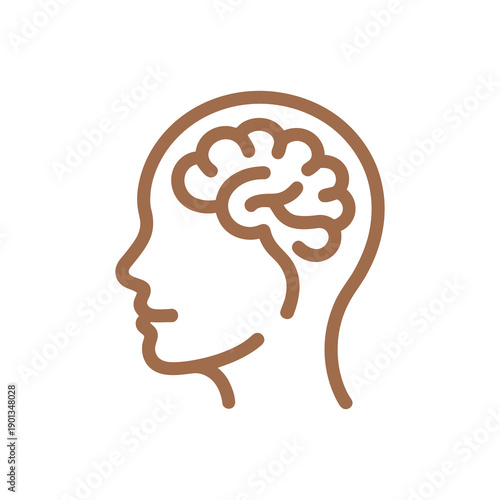 Brown outline of a human head with a brain inside