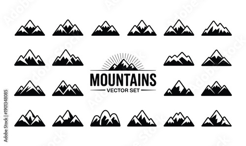 Large Set of Black and White Minimalist Mountain Peak Silhouettes and Snow Capped Summit Icons for Outdoor Adventure Branding and Logo Design
