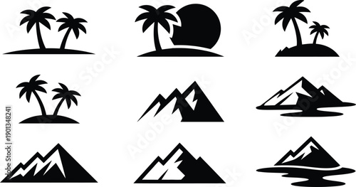 Set of Black Minimalist Nature Silhouettes Featuring Tropical Palm Islands Sunsets and Rugged Mountain Peaks for Outdoors Adventure Branding