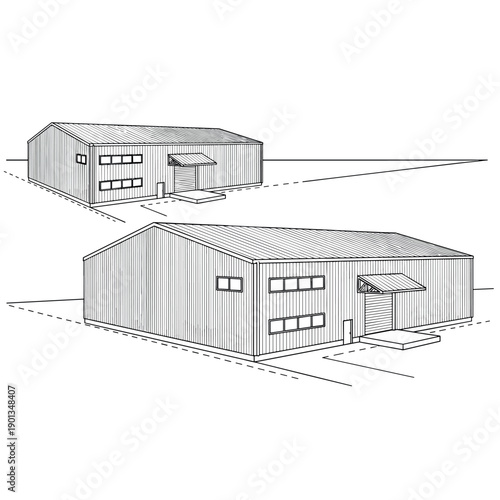 3D model of a residential house with architectural design and blueprint illustration