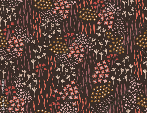 Seamless pattern with small flowers and tiger stripes in burgundy tones.