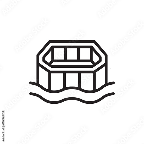 Cofferdam icon. Marine engineering and underwater construction, representing watertight enclosures, sheet pile structures, dry work environments, bridge pier foundations, and hydraulic engineering.