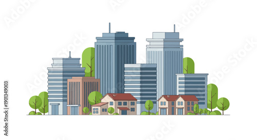 Modern Cityscape with Skyscrapers and Residential Houses, Flat Design Illustration