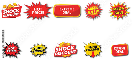 Collection of promotional sale labels and price tags isolated on transparent background