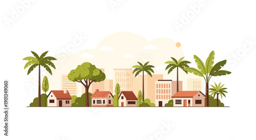 Tropical Cityscape with Houses, Palm Trees, and Buildings