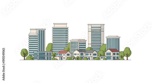 Modern cityscape with residential houses and tall office buildings, trees and green spaces