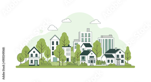 Modern Eco Cityscape: Green Buildings, Trees and Houses Illustration