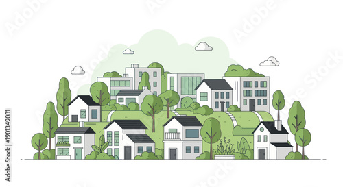 Modern Eco-Friendly Houses on a Green Hillside with Trees - Illustration