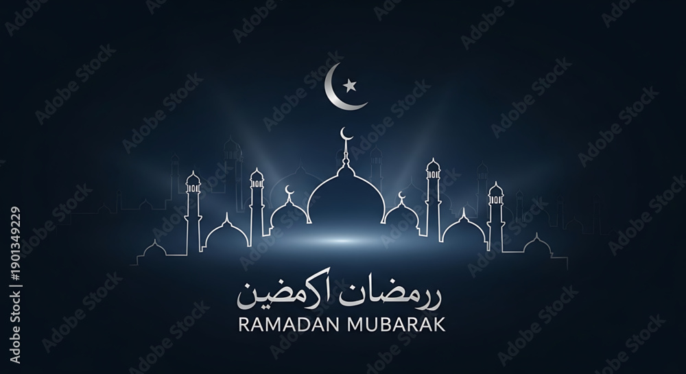 Obraz premium Ramadan Mubarak Greeting with Mosque Illustration and Crescent Moon - A Spiritual Celebration