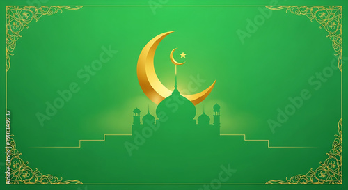 Islamic Symbols and Mosques Silhouette on Green Background with Golden Crescent Moon and Star