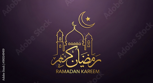 Elegant golden illustration celebrating the holy month, featuring beautiful Arabic calligraphy, a majestic mosque silhouette, and a radiant crescent moon, perfect for spiritual and festive designs
