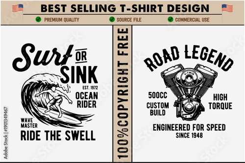 Graphic tshirt designs featuring surfer riding wave and motorcycle engine with vintage typography and phrases for apparel and merchandise