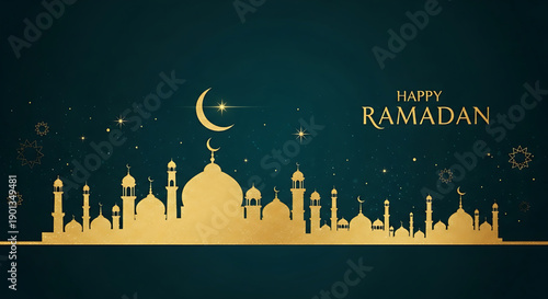 Serene golden mosque skyline silhouette against a deep teal night sky, adorned with a shining crescent moon and twinkling stars, ideal for festive Islamic celebrations