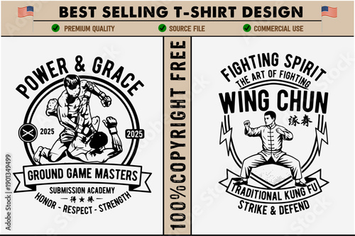 Martial arts graphic designs for tshirts with wing chun and boxing themes isolated on transparent background