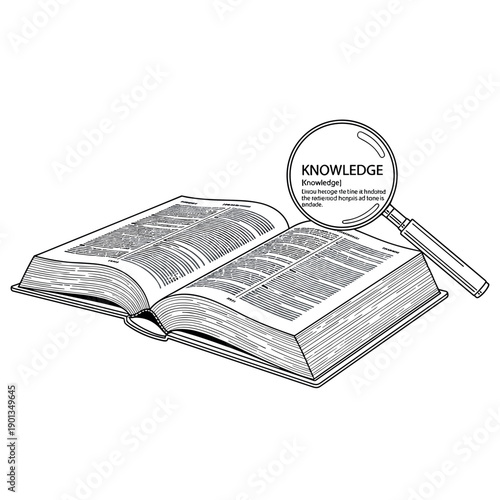 Book and magnifying glass on white background representing reading and knowledge