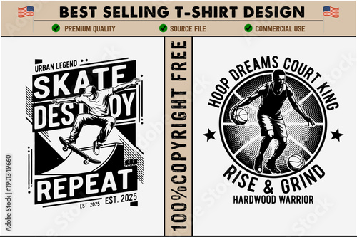 Tshirt design templates for skateboarding and basketball featuring urban legend skateboy and hoop dreams court king in monochrome style