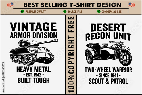 Vintage military tank and motorcycle graphic tshirt design with bold typography and usa flags on transparent background