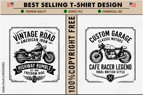 Vintage motorcycle graphic designs with classic american and british style bikes and labels for tshirt printing and apparel use