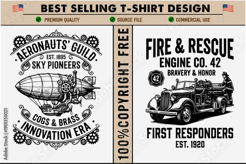 Vintagestyle aeronauts guild logo and fire rescue engine company emblem set with retro airship and firefighter truck illustration  isolated on transparent background