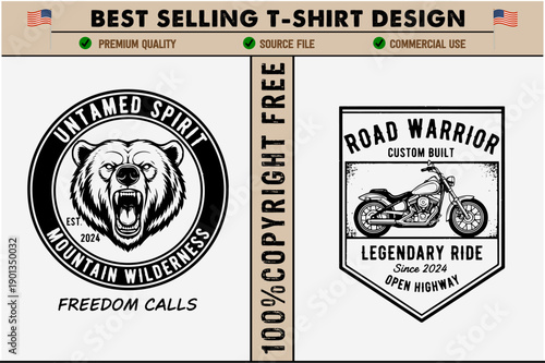Vintagestyle bear and motorcycle graphic designs for apparel and merchandise with bold typography and classic imagery for casual wear
