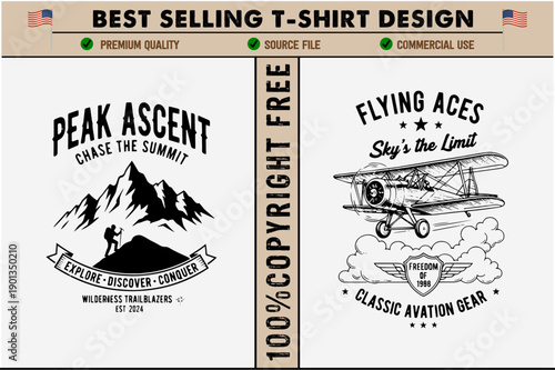Vintagestyle tshirt designs featuring adventurous themes of mountain climbing and aviation with inspirational quotes and classic illustrations