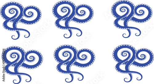 Blue octopus tentacle icons pattern set in flat cartoon style for ocean themes, marine designs, and playful backgrounds
