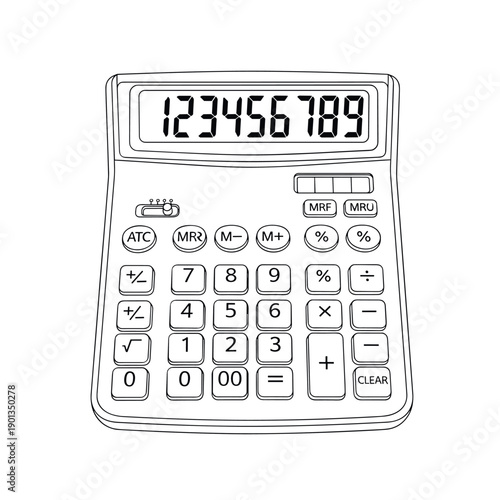 Calculator on white background with numbers and buttons for office and finance use