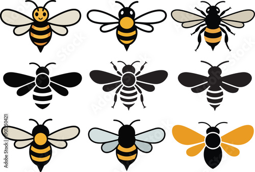 Honey bee insect icons collection with various silhouette styles and colored designs for organic honey branding beekeeping business and nature conservation concept art