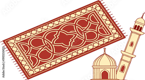 Traditional prayer rug and mosque architectural elements vector illustration for islamic prayer theme and religious education materials featuring geometric patterns and warm red colors