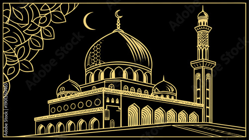 Golden mosque silhouette with crescent moon and floral pattern on black background for islamic religious festivals and ramadan kareem greeting card design providing elegant aesthetic
