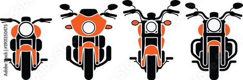 Modern motorcycle Flat vector front view silhouettes set featuring different cruiser models with orange accents for transport branding motor club logos and biker community graphics